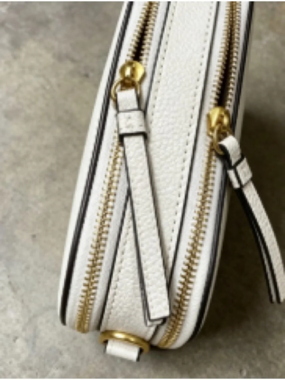 Tory Burch White Pebbled Leather Camera Bag with Logo Strap